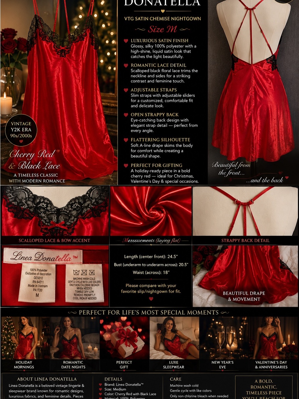 VTG Linea Donatella M Cherry Red Satin Black Lace Chemise Nightgown Sexy Nights